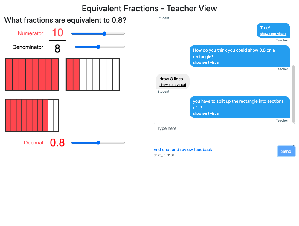 a screenshot with bar representations of fractions on the left and a chat text messages on the right