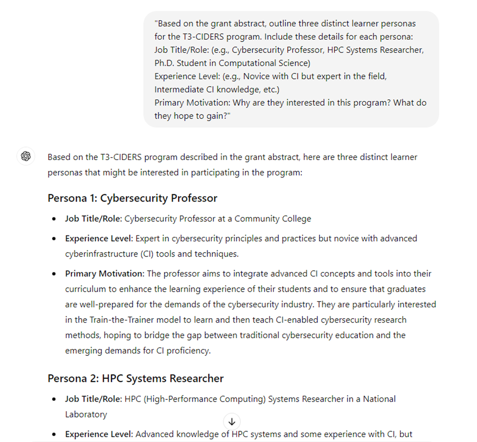 Screenshot of initial prompting sequence with LLMs for persona creation