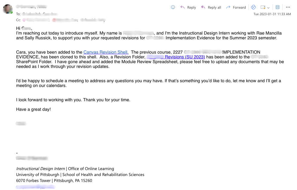 Example email from an intern to a faculty member