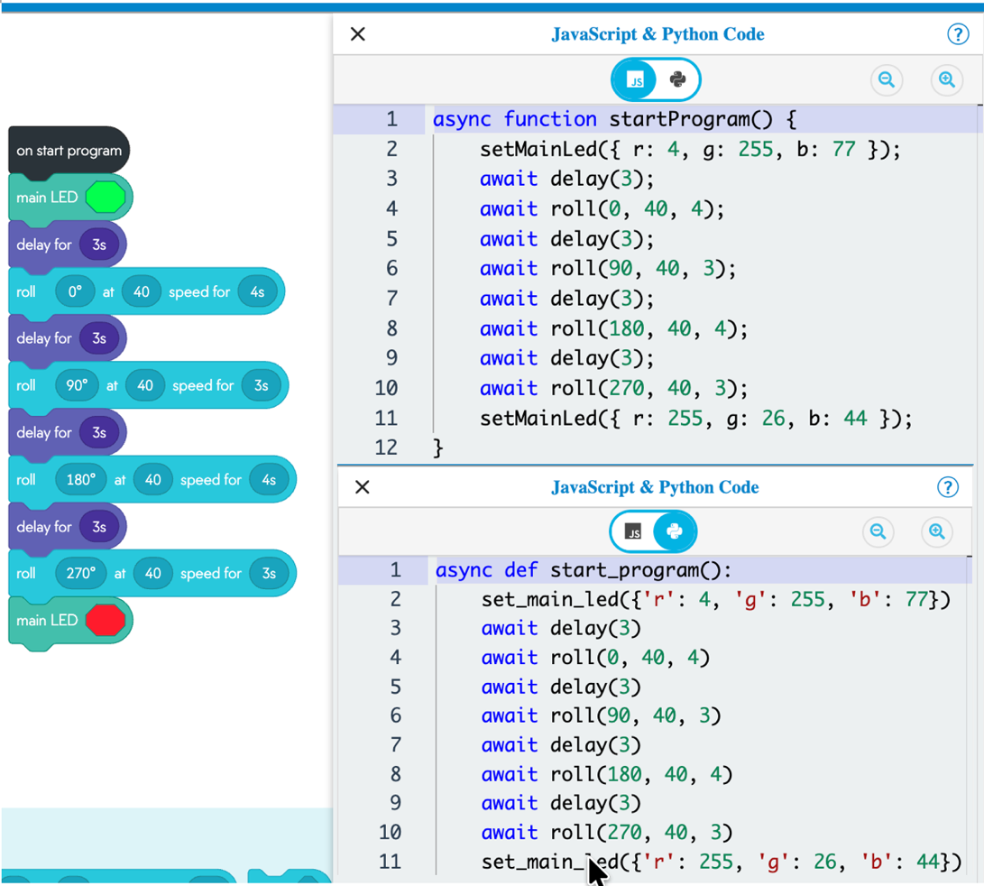 Block, JavaScript, and Python Codes for the Sphero Bolt Robot to Draw a Rectangle